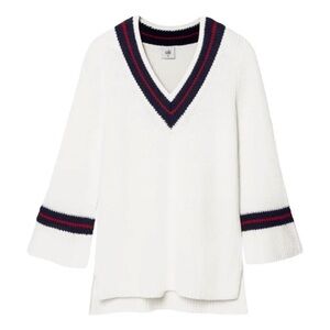 NWOT CAbi Ace Pullover White V-Neck Sweater with Navy and Red Trim